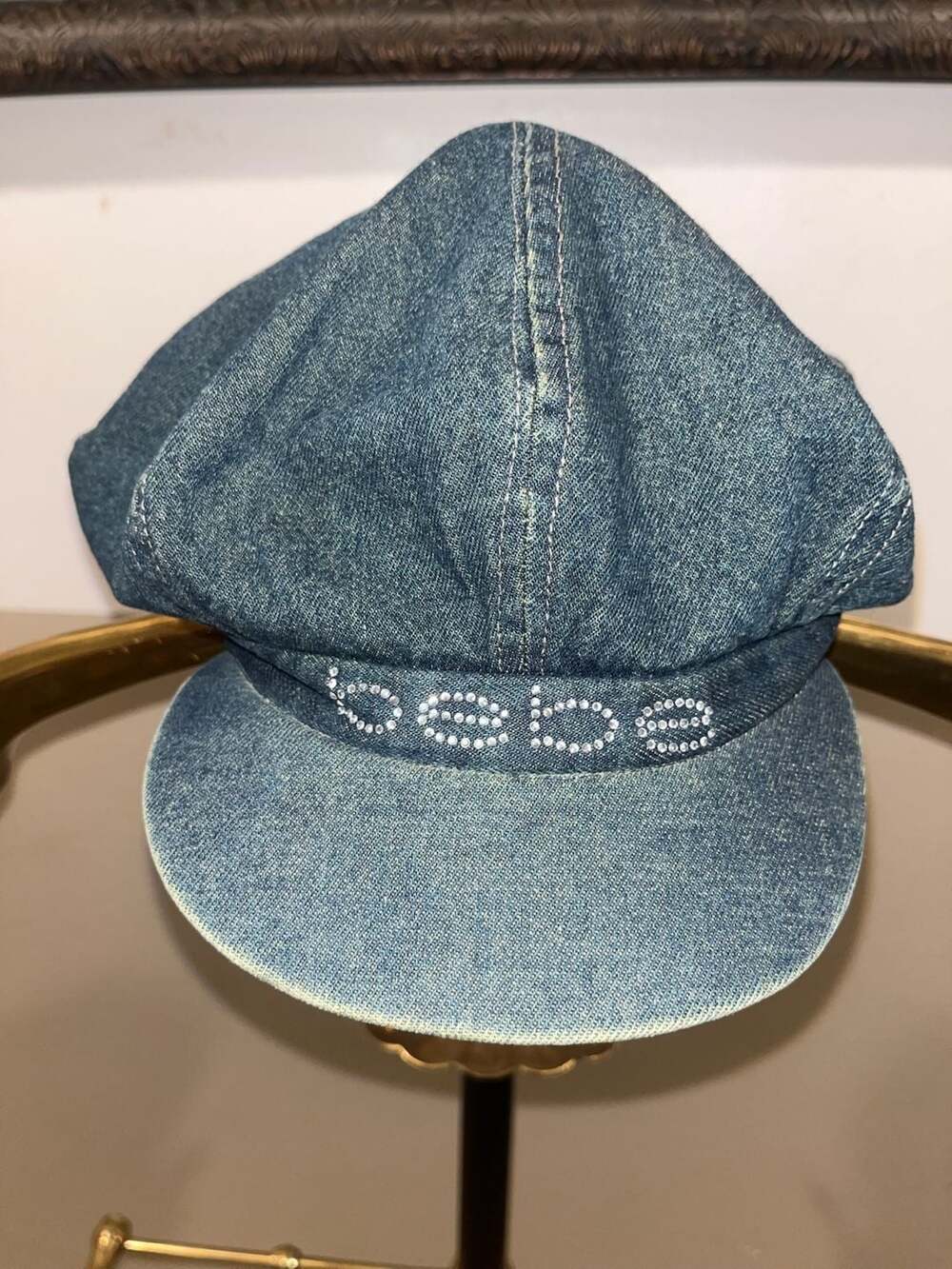 Bebe Rhinestone Logo Denim Newsboy Cap Hat y2k vintage trendy